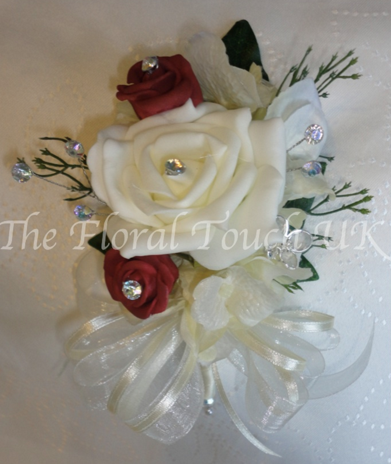 Burgundy & Ivory Rose Corsage With Crystals